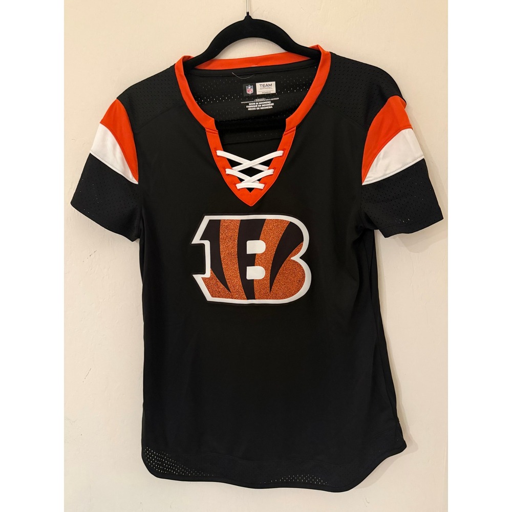 NFL Cincinnati Bengals Women's Small Lace Up Glitter Logo Jersey Shirt- NWOT